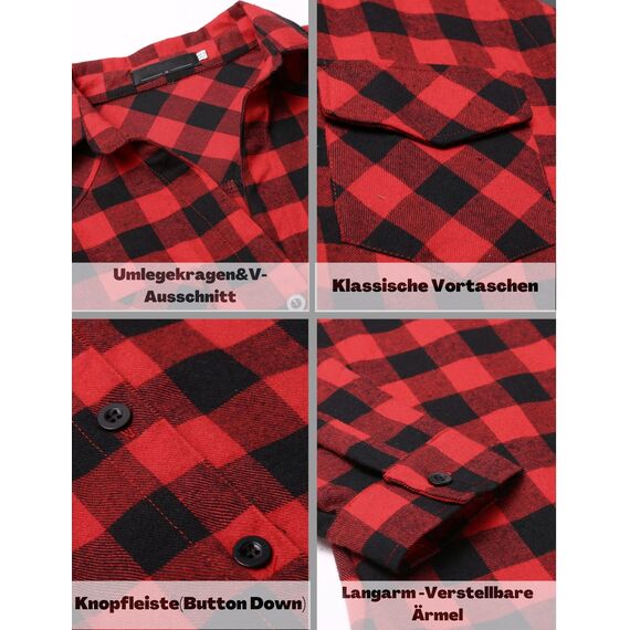 UNibelle Karohemd Damen Trachtenbluse V-Ausschnitt Knopfleiste Karierte Bluse 3/4 Arm Hemdbluse Oktoberfest Hemden Kariertes Jacke Casual HolzfäLlerhemd Trachten Oberteil Rot-B XXL