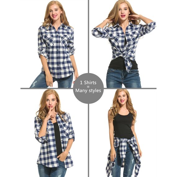 UNibelle Karierte Bluse Damen Trachtenhemd Oktoberfest Karohemd 3/4 Ärmeln V Ausschnitt Trachtenbluse Casual Hemd HolzfäLlerhemd Trachten Oberteile mit Knöpfen Navyblau L