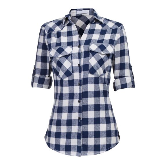 UNibelle Damen Kariert Bluse Langarm Hemd Knopfleiste Trachtenbluse Casual Hemdjacke Oktoberfest Hemden V-Ausschnitt Karohemd HolzfäLlerhemd Trachten Oberteile Navyblau-B XXL