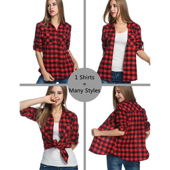 UNibelle Trachtenhemd Damen Oktoberfest Karohemd 3/4 Ärmeln Karierte Hemden V-Ausschnitt Trachtenbluse Casual Oberteile Kariert Bluse Holzfällerhemd Hemd Rot-B L