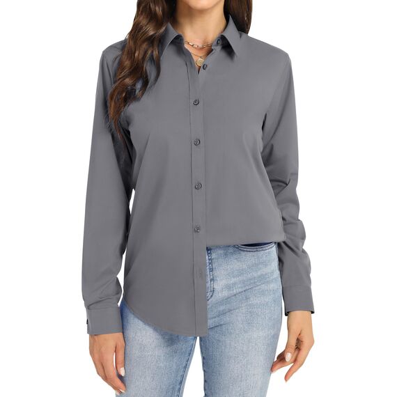 J.VER Bluse Damen Langarm Business Damenblusen Bügelfrei Langarmshirt Einfarbig Tops Kragen Baumwolle Oberteile Knitterfreies Lady Hemdbluse grau