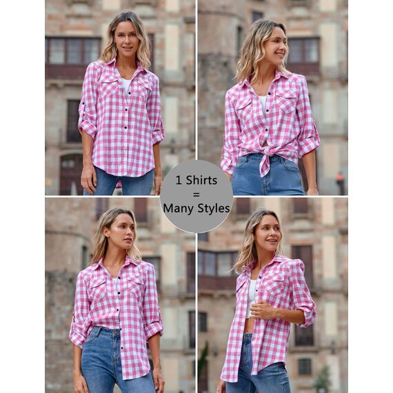 UNibelle Damen Kariert Bluse Langarm Hemd Knopfleiste Trachtenbluse Casual Hemdjacke Oktoberfest Hemden V-Ausschnitt Karohemd HolzfäLlerhemd Trachten Oberteile Rosa-B XL