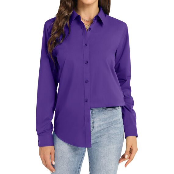 J.VER Damen Bluse Langarmshirt Einfarbig Tops Kragen Baumwolle Oberteile Knitterfreies Damen Hemdbluse Mode Für Damenblusen Lila