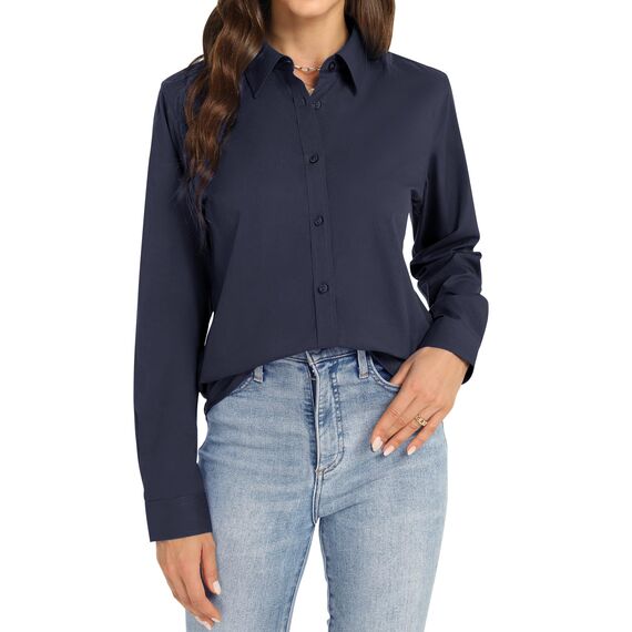 J.VER Bluse Damen Langarm Lässig Businesshemd Wrinkle Free Atmungsaktive Blusen Modern Button Down Langarmshirt Navy Blau