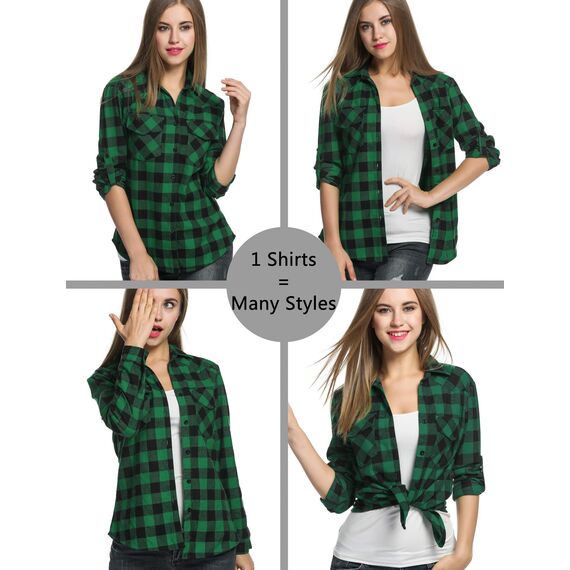 UNibelle Karierte Hemden Damen Langarm Trachtenhemd Holzfällerhemd Bluse Knopfleiste V-Ausschnitt Trachtenbluse 3/4 Ärmeln Oktoberfest Hemdbluse Casual Karo Hemd Dunkelgrün-B L