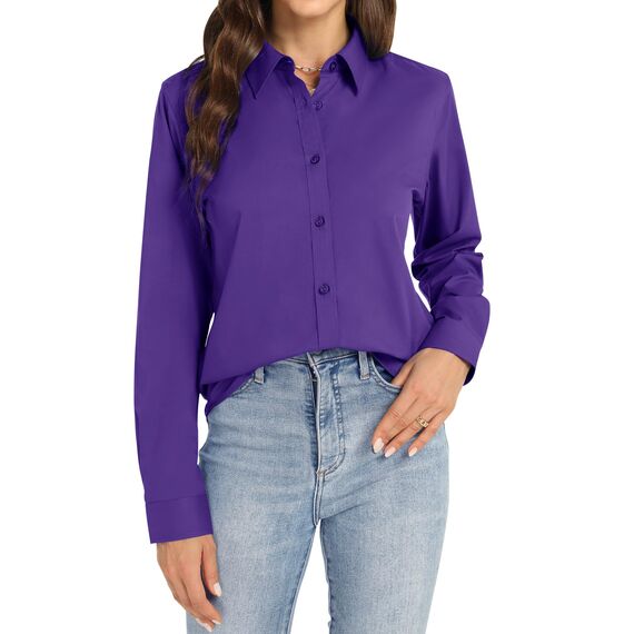 J.VER Damen Bluse Langarmshirt Einfarbig Tops Kragen Baumwolle Oberteile Knitterfreies Damen Hemdbluse Mode Für Damenblusen Lila