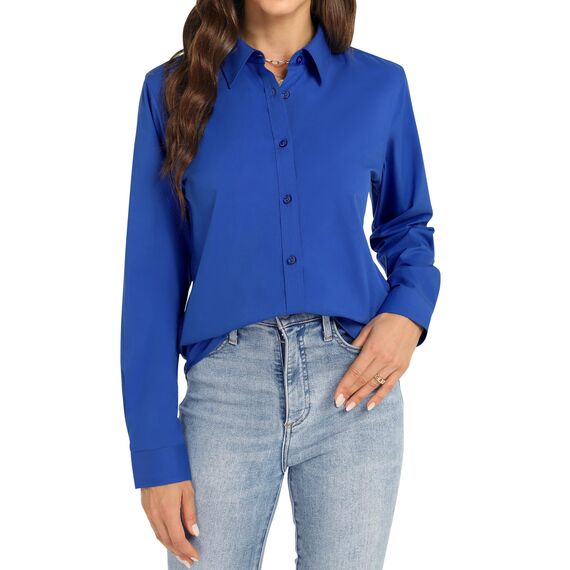 J.VER Damen Bluse Langarm Stretch Hemdbluse Freizeit Komfort Langarmshirt Für Meeting Hochzeit Saison Transition Sapphire Blue