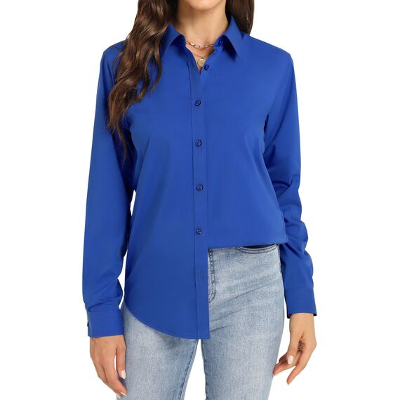 J.VER Bügelfreie Blusen Damen Baumwolle Hemdbluse Knitterfrei Regular Fit Blusen Business Freizeithemd übergangssaison Langarm Sapphire Blue
