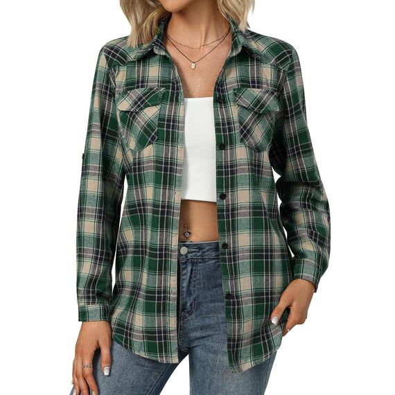 UNibelle Trachtenhemd Damen Bluse Kariert Hemd V-Ausschnitt Trachtenbluse Langarm Karierte Hemden Oktoberfest Karohemd Knöpfen Trachten Oberteil Schwarz/Grün XXL