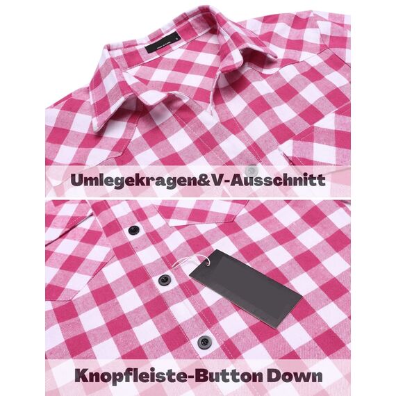 UNibelle Damen Kariert Bluse Langarm Hemd Knopfleiste Trachtenbluse Casual Hemdjacke Oktoberfest Hemden V-Ausschnitt Karohemd HolzfäLlerhemd Trachten Oberteile Rosa-B XL