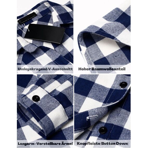 UNibelle Karierte Bluse Damen Trachtenhemd Oktoberfest Karohemd 3/4 Ärmeln V Ausschnitt Trachtenbluse Casual Hemd HolzfäLlerhemd Trachten Oberteile mit Knöpfen Navyblau L