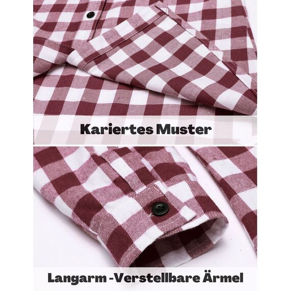 UNibelle Karierte Hemden Damen Langarm Trachtenhemd Holzfällerhemd Bluse Knopfleiste V-Ausschnitt Trachtenbluse 3/4 Ärmeln Oktoberfest Hemdbluse Casual Karo Hemd Weinrot-B XL
