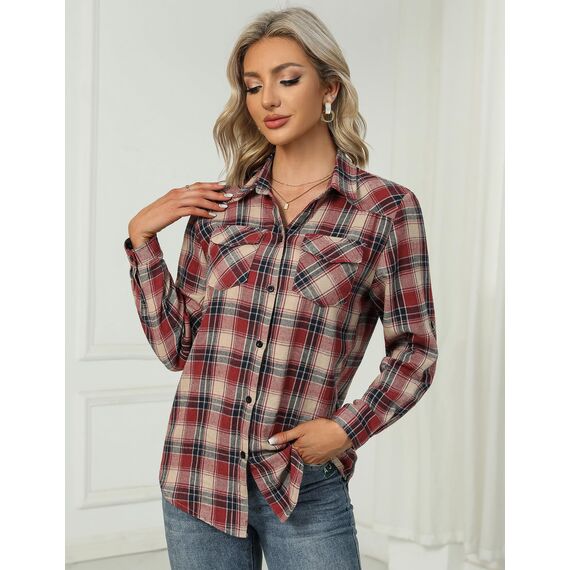 UNibelle Hemden Damen Karierte Bluse Langarm Trachtenbluse V-Ausschnitt Knopfleiste Karohemd Oktoberfest Trachtenhemd HolzfäLlerhemd Casual Hemdbluse Trachten Oberteile Schwarz/Rot XXL