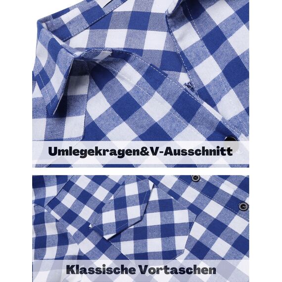 UNibelle Trachtenbluse Damen Kariertes Hemd Langarm HolzfäLlerhemd Bluse V-Ausschnitt Trachtenhemd Oktoberfest Kariert Hemden Trachten Oberteile mit Knöpfen Hellblau-B L
