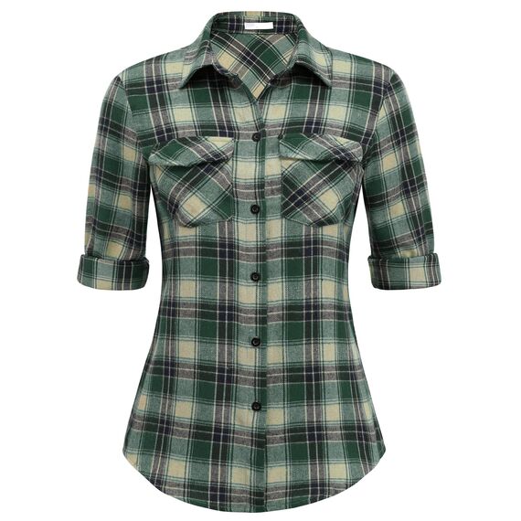UNibelle Trachtenbluse Damen Kariertes Hemd Langarm HolzfäLlerhemd Bluse V-Ausschnitt Trachtenhemd Oktoberfest Kariert Hemden Trachten Oberteile mit Knöpfen Schwarz/Grün XL