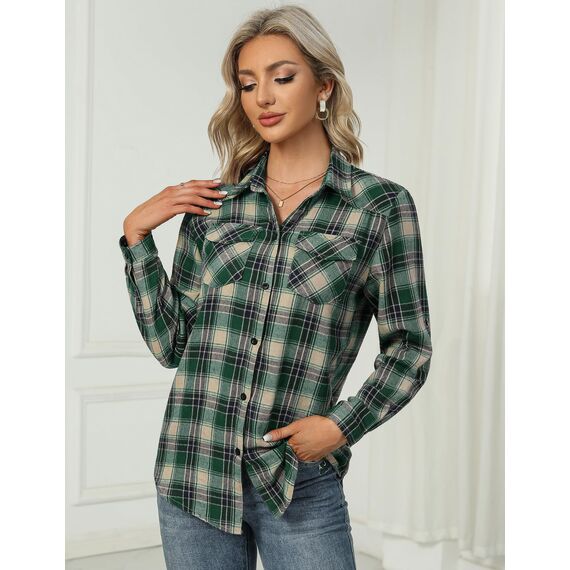 UNibelle Trachtenhemd Damen Bluse Kariert Hemd V-Ausschnitt Trachtenbluse Langarm Karierte Hemden Oktoberfest Karohemd Knöpfen Trachten Oberteil Schwarz/Grün XXL