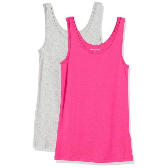 Amazon Essentials Damen Tanktop, Schmale Passform, 2er-Pack, Grau Meliert/Kräftiges Rosa, L