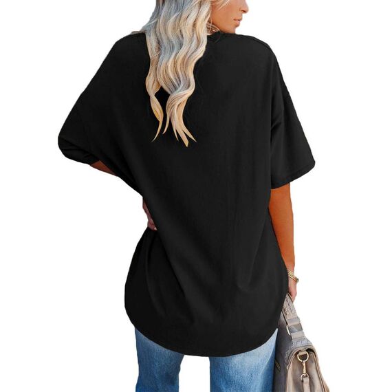 Ebifin Damen Oversize T Shirt mit V-Ausschnitt Kurzärmeliges Casual Lockere Basic Sommer Tee Shirts Bluse.Schwarz.XL