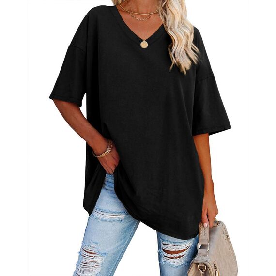 Ebifin Damen Oversize T Shirt mit V-Ausschnitt Kurzärmeliges Casual Lockere Basic Sommer Tee Shirts Bluse.Schwarz.XL