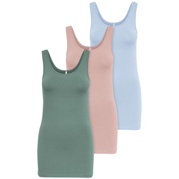 ONLY 3er Pack Damen Oberteile Basic Tank Tops weiß, schwarz, grau, blau, Creme Frauen Shirt lang Sommer Shirts Top 15201465 (XL, FarbMix 2)