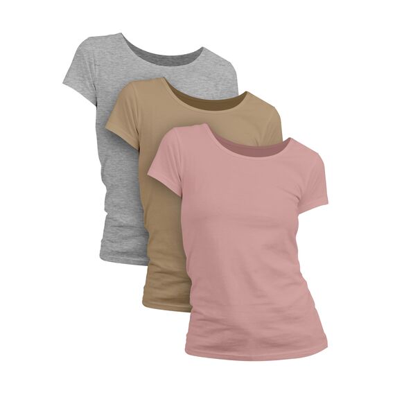 Basic Treasure 3er Pack T Shirt Damen, Kurzärmliges Damen Shirt für Frauen, 100% Baumwolle, Rundhals (DE/NL/SE/PL, Alphanumerisch, XL, Regular, 3 Farben Mix Rosa Beige Grau meliert - Kurzarm)