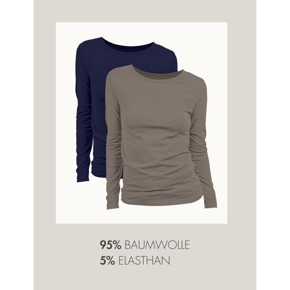 Basic Treasure 2-Pack Langarmshirts für Damen Navy/Taupe, Longsleeve Baumwolle 95%, Langarmshirt Baumwolle, Basic Shirt S