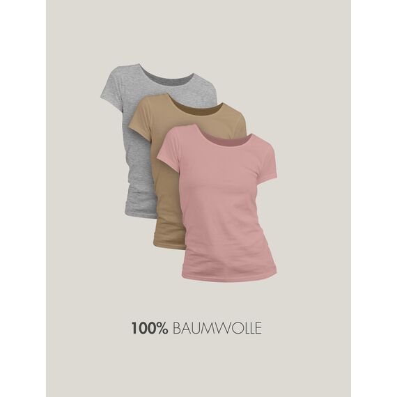 Basic Treasure 3er Pack T Shirt Damen, Kurzärmliges Damen Shirt für Frauen, 100% Baumwolle, Rundhals, (DE/NL/SE/PL, Alphanumerisch, L, Regular, 3 Farben Mix Rosa Beige Grau meliert - Kurzarm)
