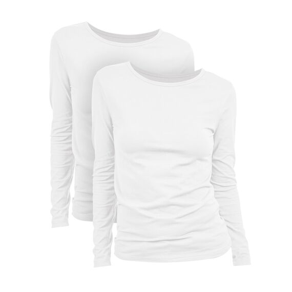 Basic Treasure 2-Pack Langarmshirts für Damen Weiß, Longsleeve Baumwolle 95%, Langarmshirt Baumwolle, Basic Shirt Damen L