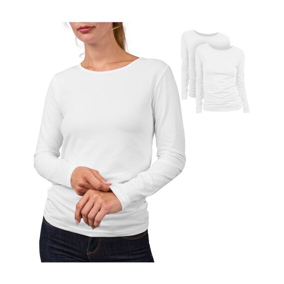 Basic Treasure 2-Pack Langarmshirts für Damen Weiß, Longsleeve Baumwolle 95%, Langarmshirt Baumwolle, Basic Shirt Damen S