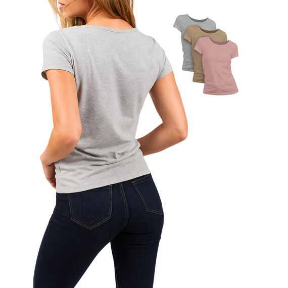 Basic Treasure 3er Pack T Shirt Damen, Kurzärmliges Damen Shirt für Frauen, 100% Baumwolle, Rundhals (DE/NL/SE/PL, Alphanumerisch, M, Regular, Regular, 3 Farben Mix Rosa Beige Grau meliert - Kurzarm)