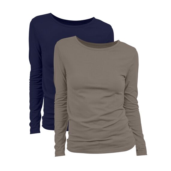 Basic Treasure 2-Pack Langarmshirts für Damen Navy/Taupe, Longsleeve Baumwolle 95%, Langarmshirt Baumwolle, Basic Shirt S