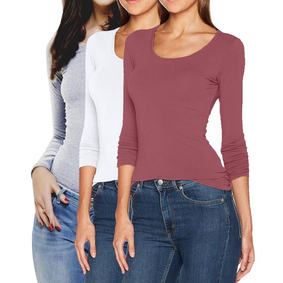 ONLY Damen Langarmshirt Figurbetont und Tailliert aus Baumwolle, Rundhalsausschnitt (3er Love Mix 5 - XL) (Grey, Rose, White)