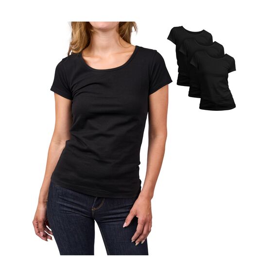 Basic Treasure 3er Pack Tshirt Damen Schwarz, Kurzärmliges Shirt, 100% Baumwolle T Shirt (Schwarz, S)