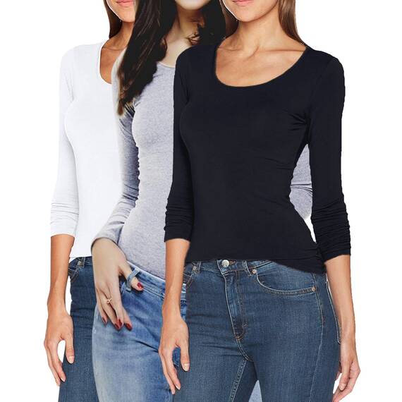ONLY Damen Langarmshirt Figurbetont und Tailliert aus Baumwolle, Rundhalsausschnitt (3er Love Mix 2 - XS) (Black, White, Grey)