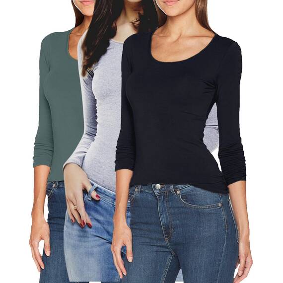 ONLY Damen Langarmshirt Figurbetont und Tailliert aus Baumwolle, Rundhalsausschnitt (3er Love Mix 4 - XS) (Black, Grey, Green)