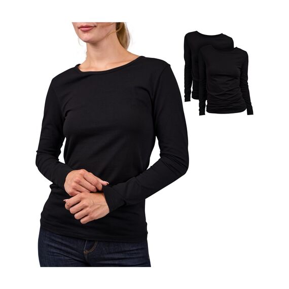 Basic Treasure 2-Pack Langarmshirts für Damen Schwarz, Longsleeve Baumwolle 95%, Langarmshirt Baumwolle, Basic Shirt S