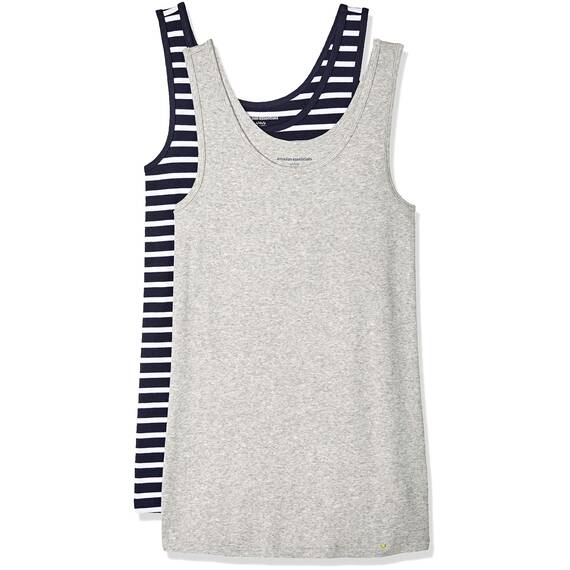 Amazon Essentials Damen Tanktop, Schmale Passform, 2er-Pack, Hellgrau Meliert/Marineblau Weiß Streifen, XXL