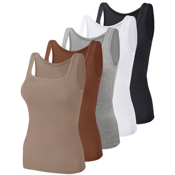 BQTQ 5 Stück Unterhemd Damen Tank Top mit Quadratischem Ausschnitt, Elastische Tank Tops Camisole Crop Top Stretch Untershirt Ärmellos, Schwarz, Weiß, Grau, Siena, Mistyrose, S