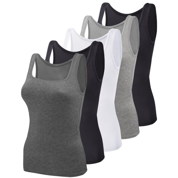BQTQ 5 Stück Unterhemd Damen Tank Top mit Quadratischem Ausschnitt, Elastische Tank Tops Camisole Crop Top Stretch Untershirt Ärmellos, Schwarz, Weiß, Grau, Dunkelgrau, S