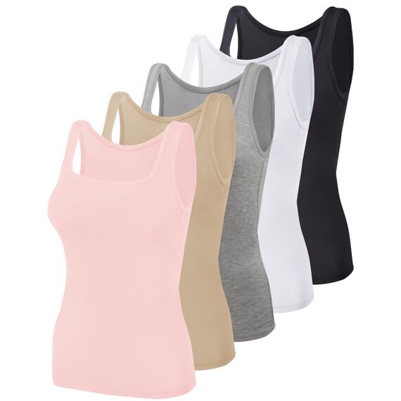 BQTQ 5 Stück Unterhemd Damen Tank Top mit Quadratischem Ausschnitt, Elastische Tank Tops Camisole Crop Top Stretch Untershirt Ärmellos, Schwarz, Weiß, Grau, Beige, Rosa, L