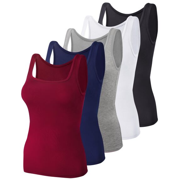BQTQ 5 Stück Unterhemd Damen Tank Top mit Quadratischem Ausschnitt, Elastische Tank Tops Camisole Crop Top Stretch Untershirt Ärmellos, Schwarz, Weiß, Grau, Dunkelrot, Marineblau, L