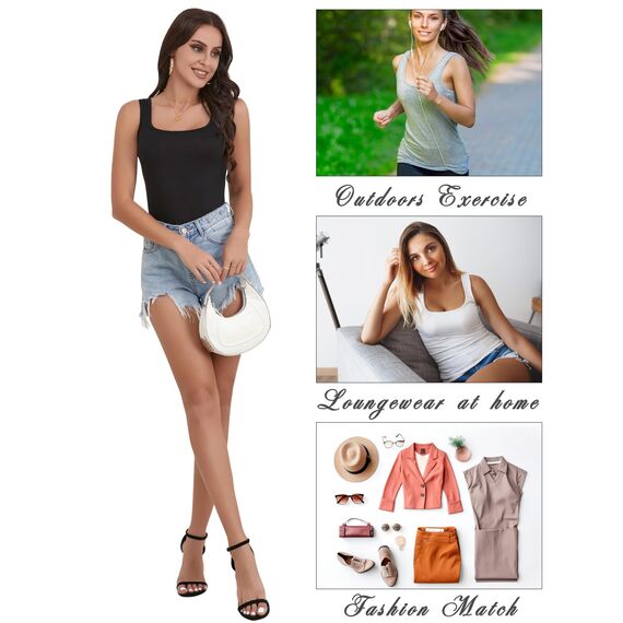 BQTQ 5 Stück Unterhemd Damen Tank Top mit Quadratischem Ausschnitt, Elastische Tank Tops Camisole Crop Top Stretch Untershirt Ärmellos, Schwarz, Weiß, Grau, Dunkelgrau, L