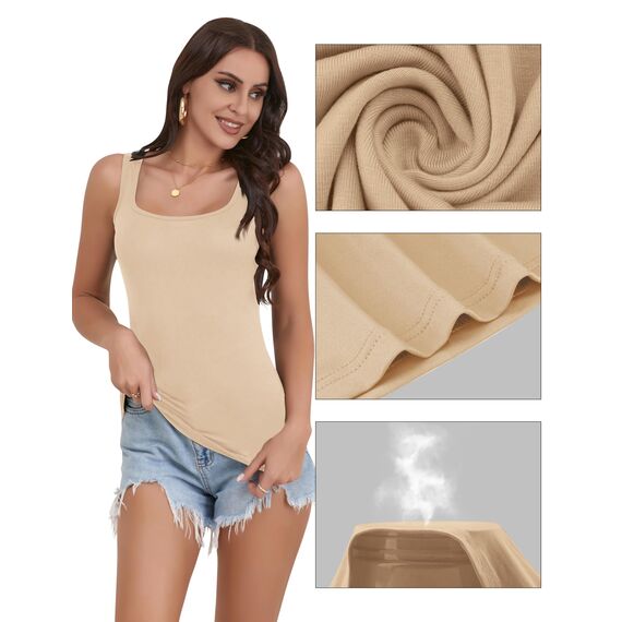 BQTQ 5 Stück Unterhemd Damen Tank Top mit Quadratischem Ausschnitt, Elastische Tank Tops Camisole Crop Top Stretch Untershirt Ärmellos, Schwarz, Weiß, Grau, Beige, Rosa, L