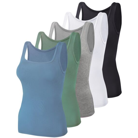 BQTQ 5 Stück Unterhemd Damen Tank Top mit Quadratischem Ausschnitt, Elastische Tank Tops Camisole Crop Top Stretch Untershirt Ärmellos, Schwarz, Weiß, Grau, Kornblumenblau, Kadettblau, L