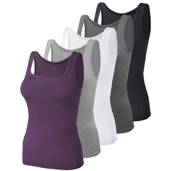 BQTQ 5er-Pack Damen-Tank-Tops, quadratischer Ausschnitt, ärmellos, Damen-Tank-Top, Unterhemden, Schwarz, Weiß, Grau, mittelgroße Orchidee, Dunkelgrau, XX-Large