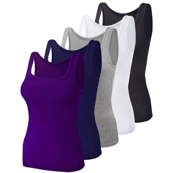 BQTQ 5 Stück Unterhemd Damen Tank Top mit Quadratischem Ausschnitt, Elastische Tank Tops Camisole Crop Top Stretch Untershirt Ärmellos, Violett, Schwarz, Grau, Marine, Weiß, XXL