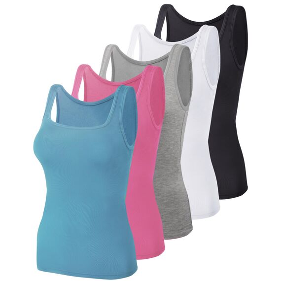 BQTQ 5 Stück Unterhemd Damen Tank Top mit Quadratischem Ausschnitt, Elastische Tank Tops Camisole Crop Top Stretch Untershirt Ärmellos, Schwarz, Weiß, Grau, Blau, Rosarot, XXL