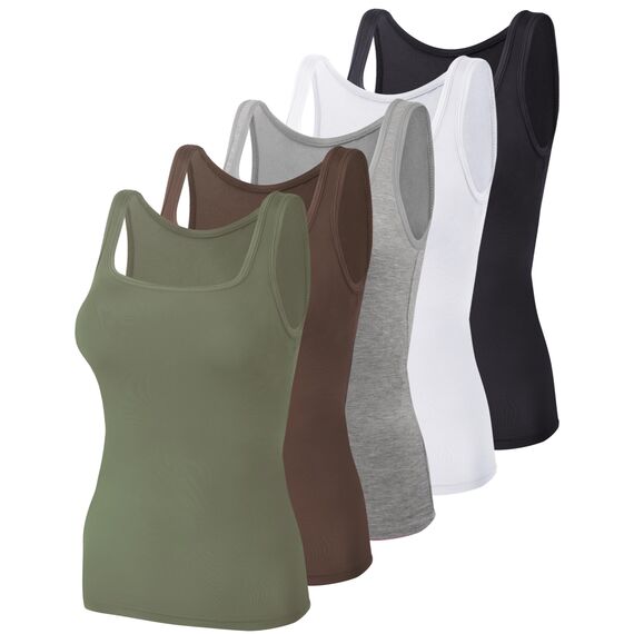 BQTQ 5 Stück Unterhemd Damen Tank Top mit Quadratischem Ausschnitt, Elastische Tank Tops Camisole Crop Top Stretch Untershirt Ärmellos, Schwarz, Grau, Weiß, Kaffee, Armeegrün, L