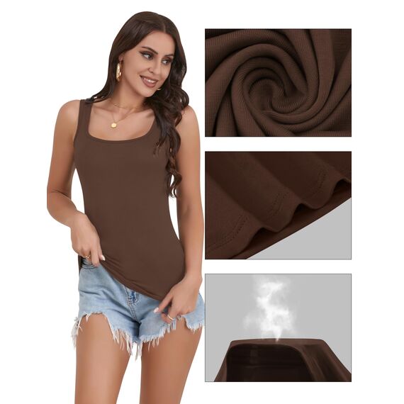 BQTQ 5 Stück Unterhemd Damen Tank Top mit Quadratischem Ausschnitt, Elastische Tank Tops Camisole Crop Top Stretch Untershirt Ärmellos, Schwarz, Grau, Weiß, Kaffee, Armeegrün, L