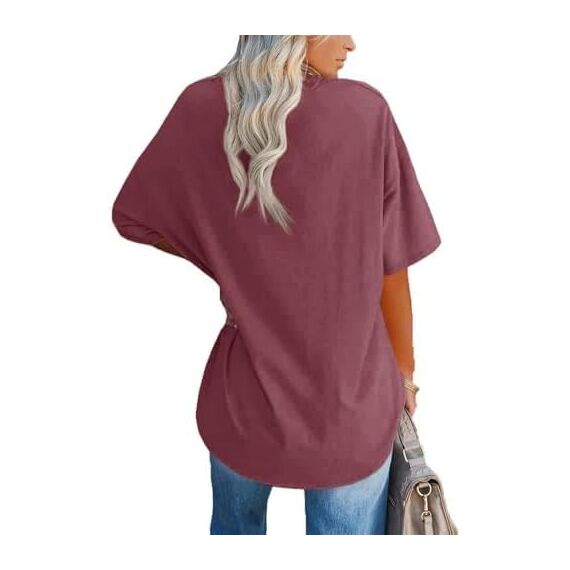 Ebifin Damen Oversize T Shirt mit V-Ausschnitt Kurzärmeliges Casual Lockere Basic Sommer Tee Shirts Bluse.Weinrot.S